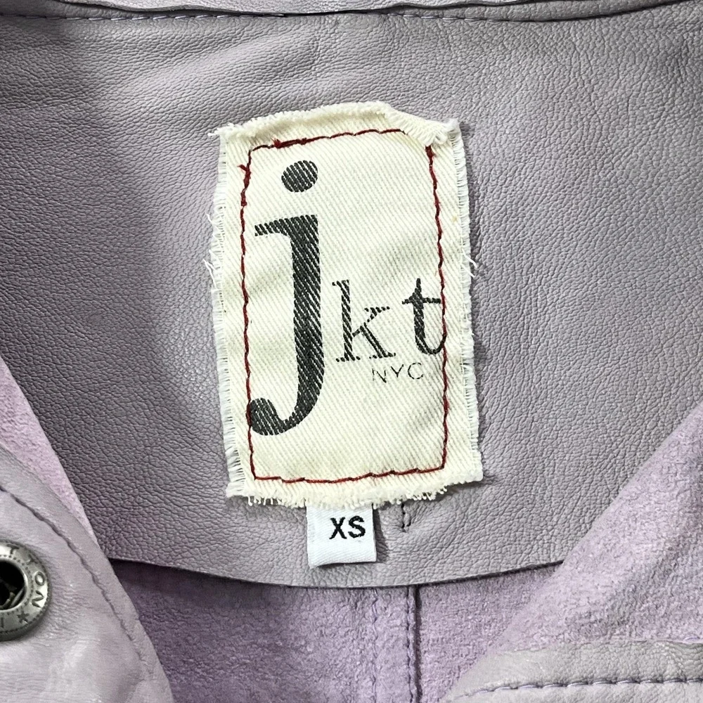 JKT NYC Leather Jacket Womens XS Purple White Stripe‎ Moto Racer Cropped Rib Hem